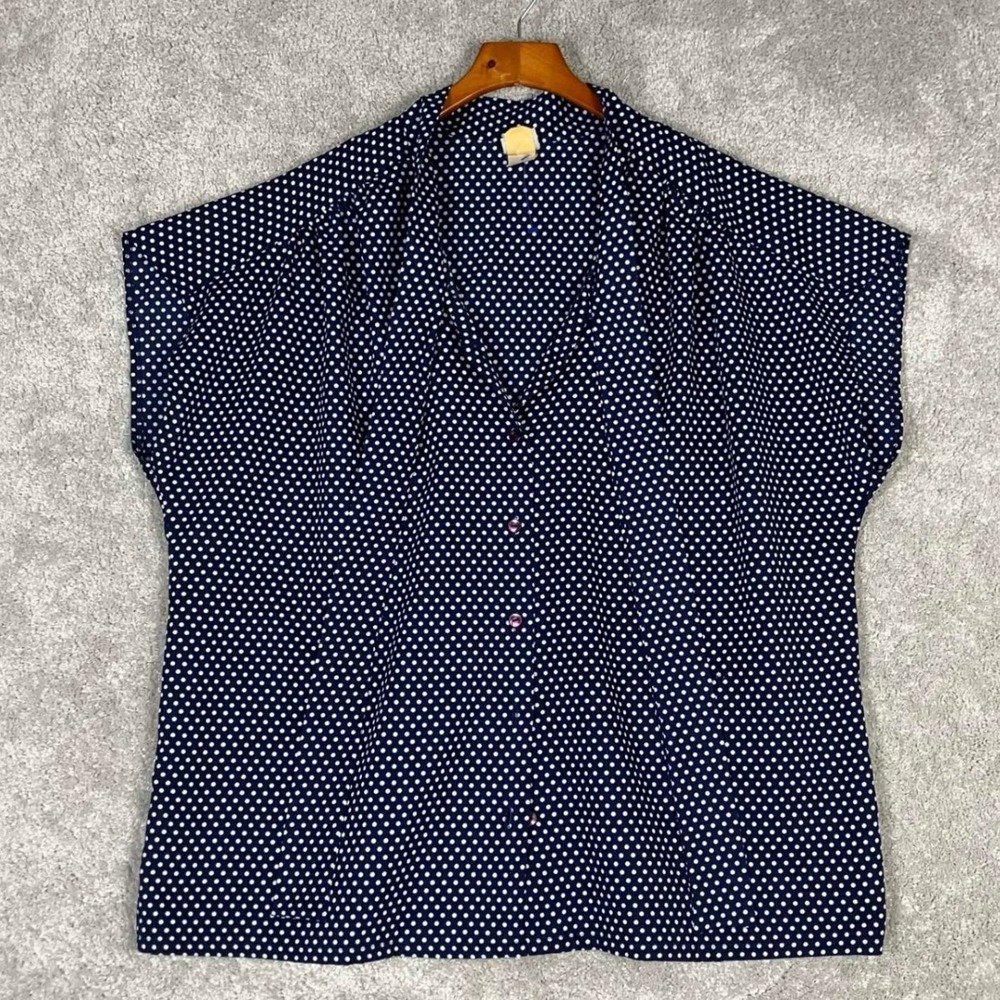 Vintage JCPenney Fashions Navy Blue White Polka Dot Short Sleeve Blouse Size 44